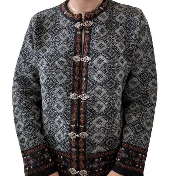 Vintage 1990s Carroll Reed 100% Wool Nordic Gray Geometric Cardigan Sz L - Picture 4 of 7